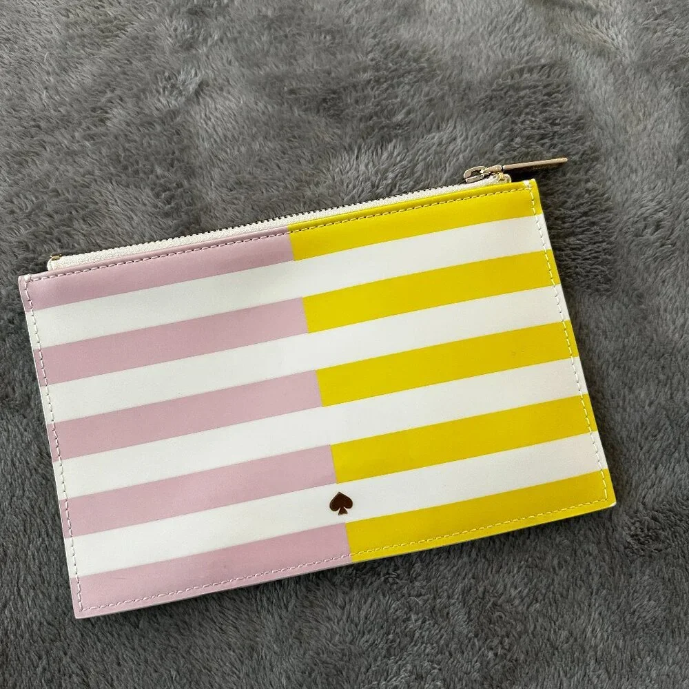 Kate Spade Yellow Pink Striped Zippered Pencil Pouch Cosmetic Bag Case - Picture 1 of 8